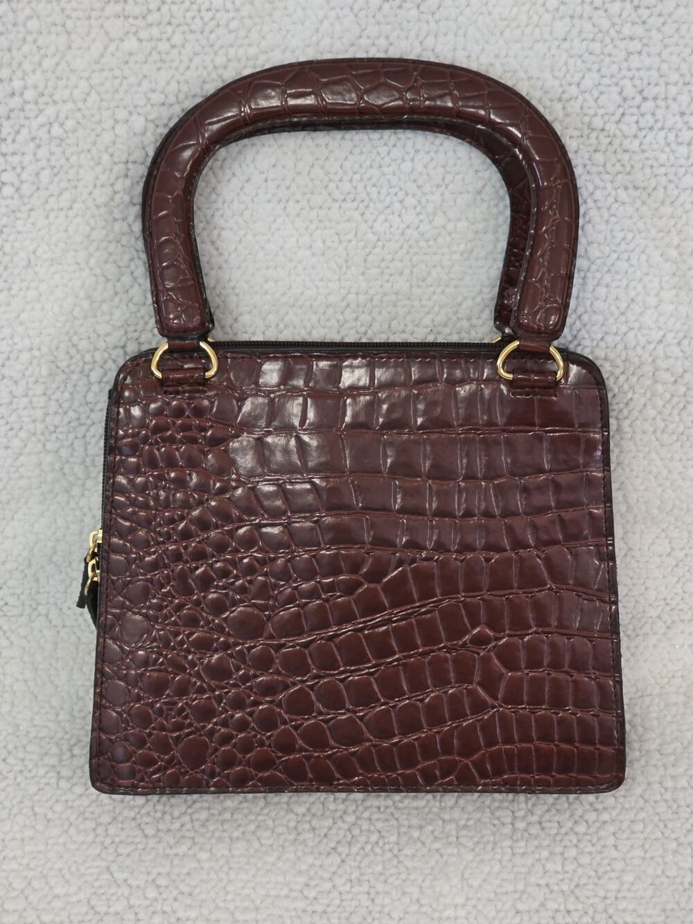 Tianni Brown Croc Embossed Faux Leather 3 Section Double Handle Handbag Purse